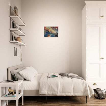 An abstract composition of swirling blue, gray, cream, and crimson textures resembling a distant nebula or galaxy, with organic patterns and flowing celestial forms.