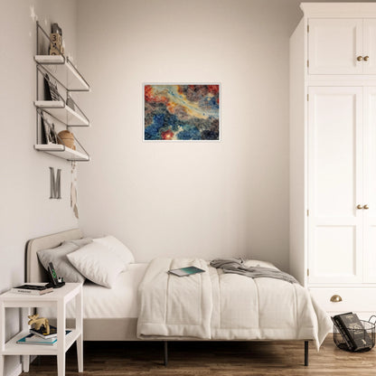 An abstract composition of swirling blue, gray, cream, and crimson textures resembling a distant nebula or galaxy, with organic patterns and flowing celestial forms.
