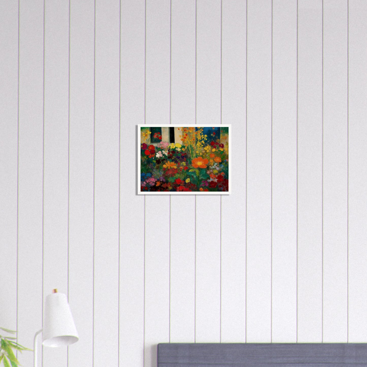 Colorful garden blooms gather before a blue door and window, led by a bright orange flower.