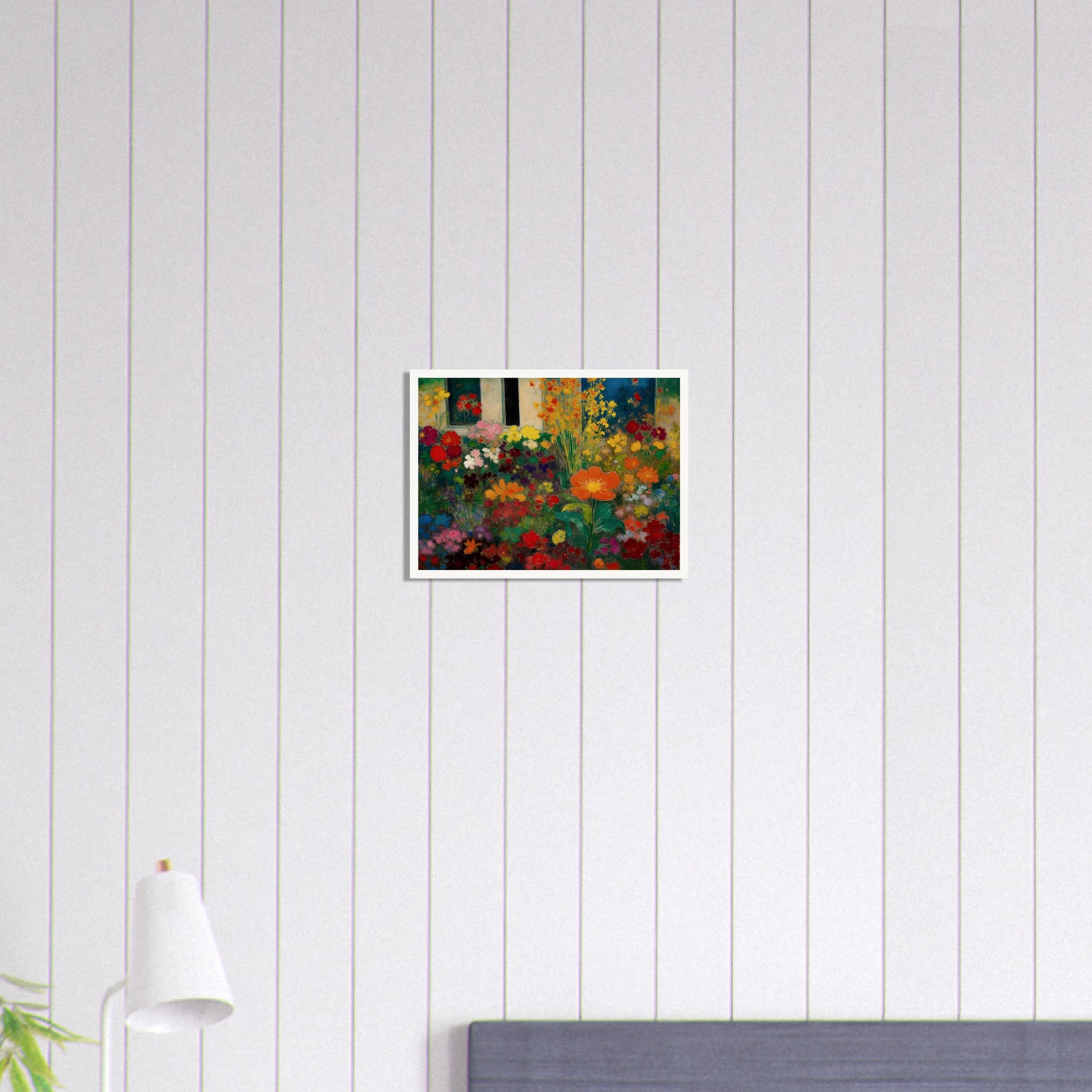 Colorful garden blooms gather before a blue door and window, led by a bright orange flower.