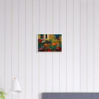 Colorful garden blooms gather before a blue door and window, led by a bright orange flower.