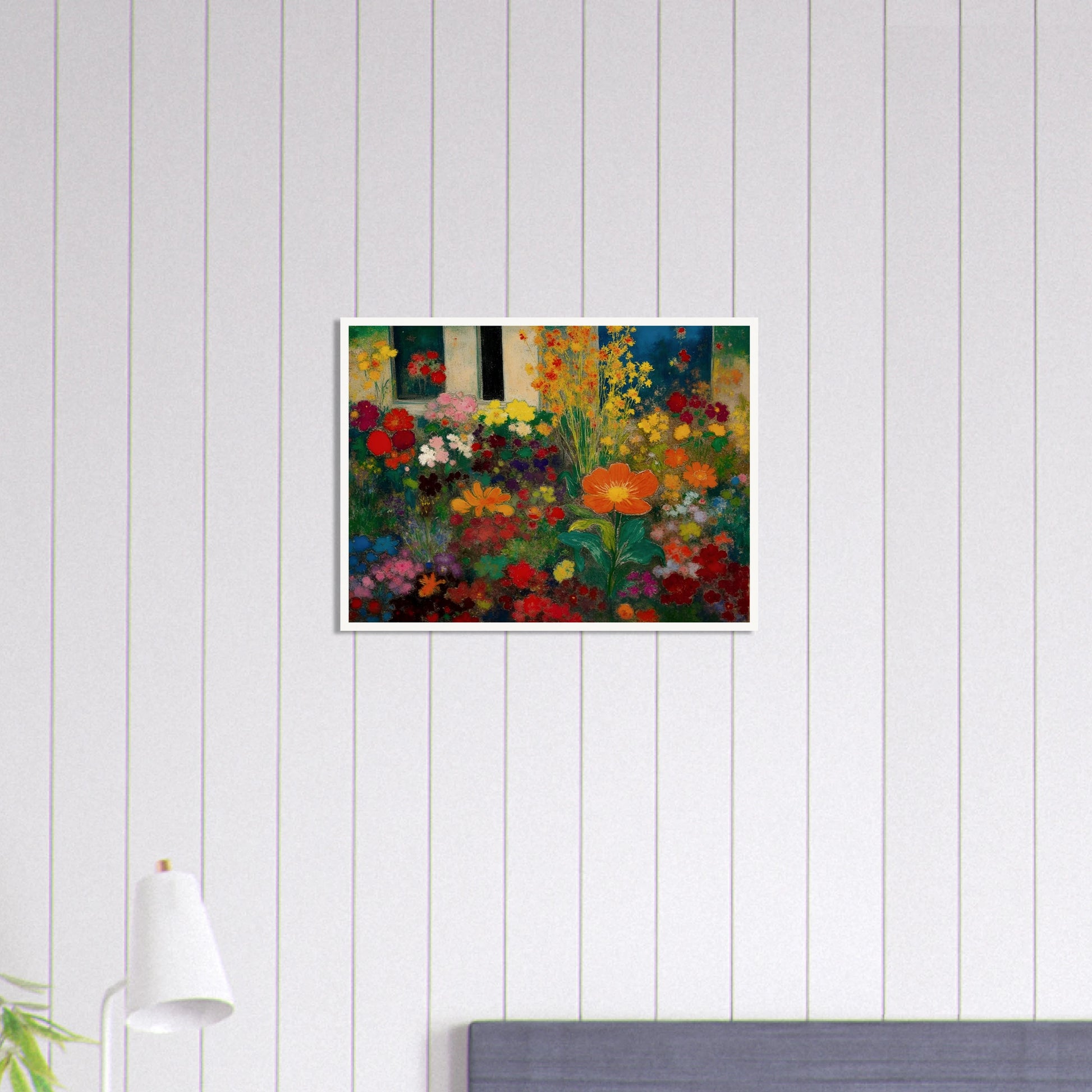 Colorful garden blooms gather before a blue door and window, led by a bright orange flower.