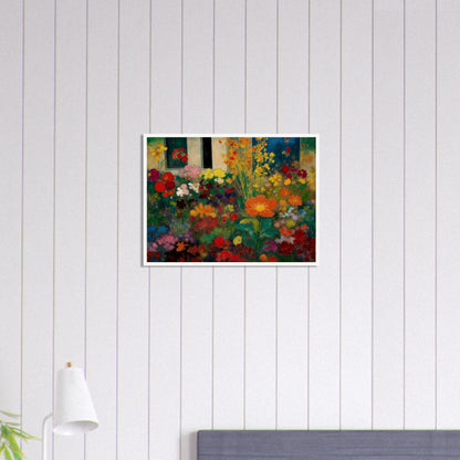 Colorful garden blooms gather before a blue door and window, led by a bright orange flower.
