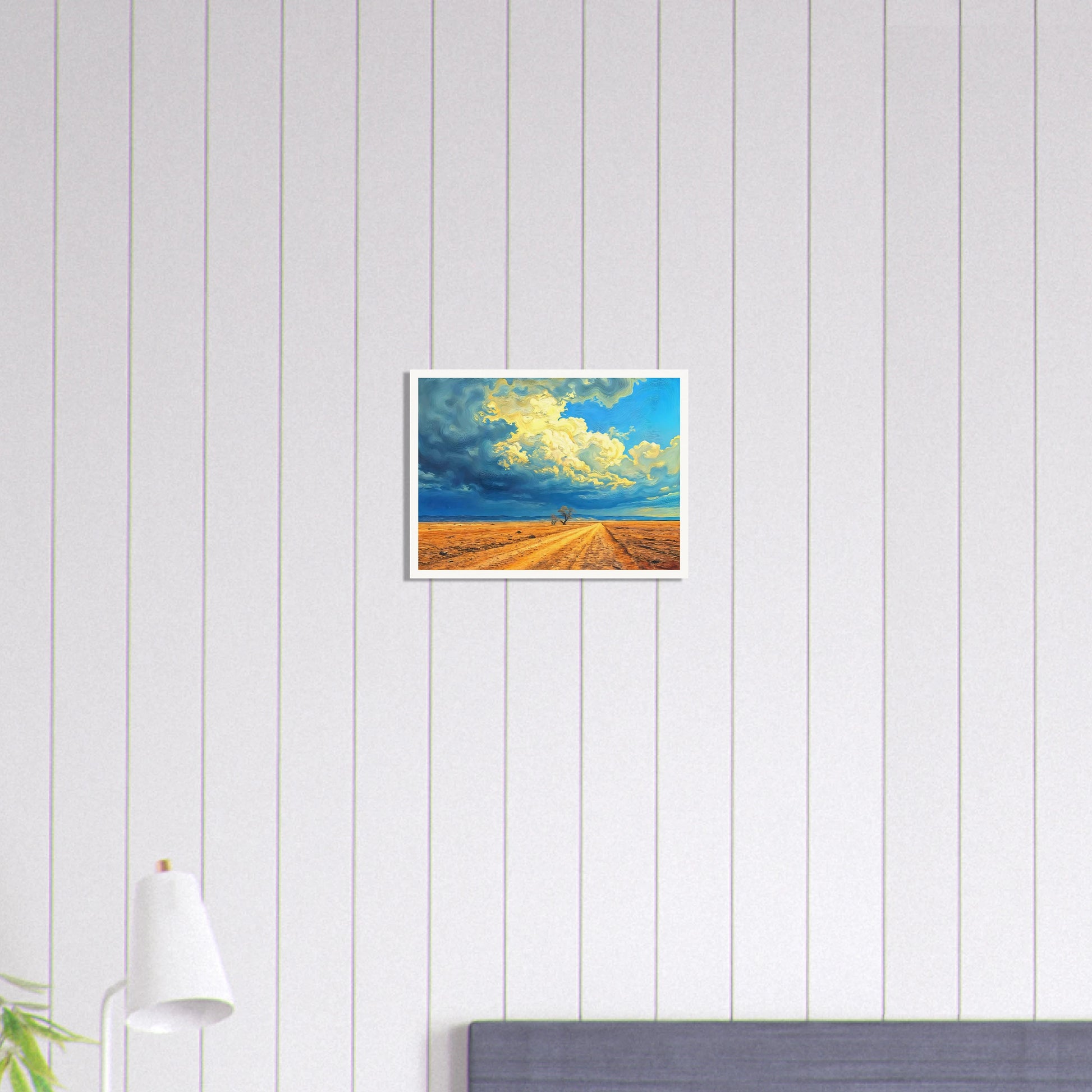 A golden dirt road stretches through an open desert under swirling clouds of blue and gold, evoking strength and solitude.