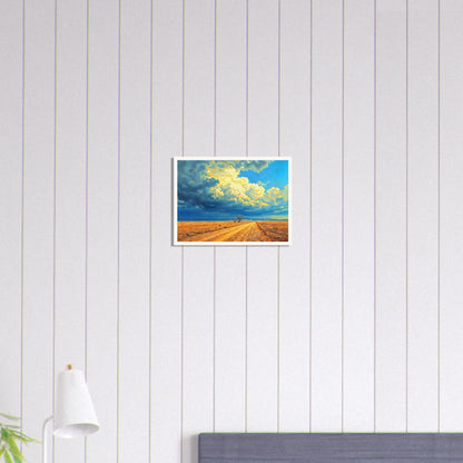 A golden dirt road stretches through an open desert under swirling clouds of blue and gold, evoking strength and solitude.