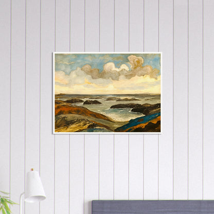Rocky seashore with dark stones and rolling waves beneath a dramatic sky of shifting clouds and golden sunlight.