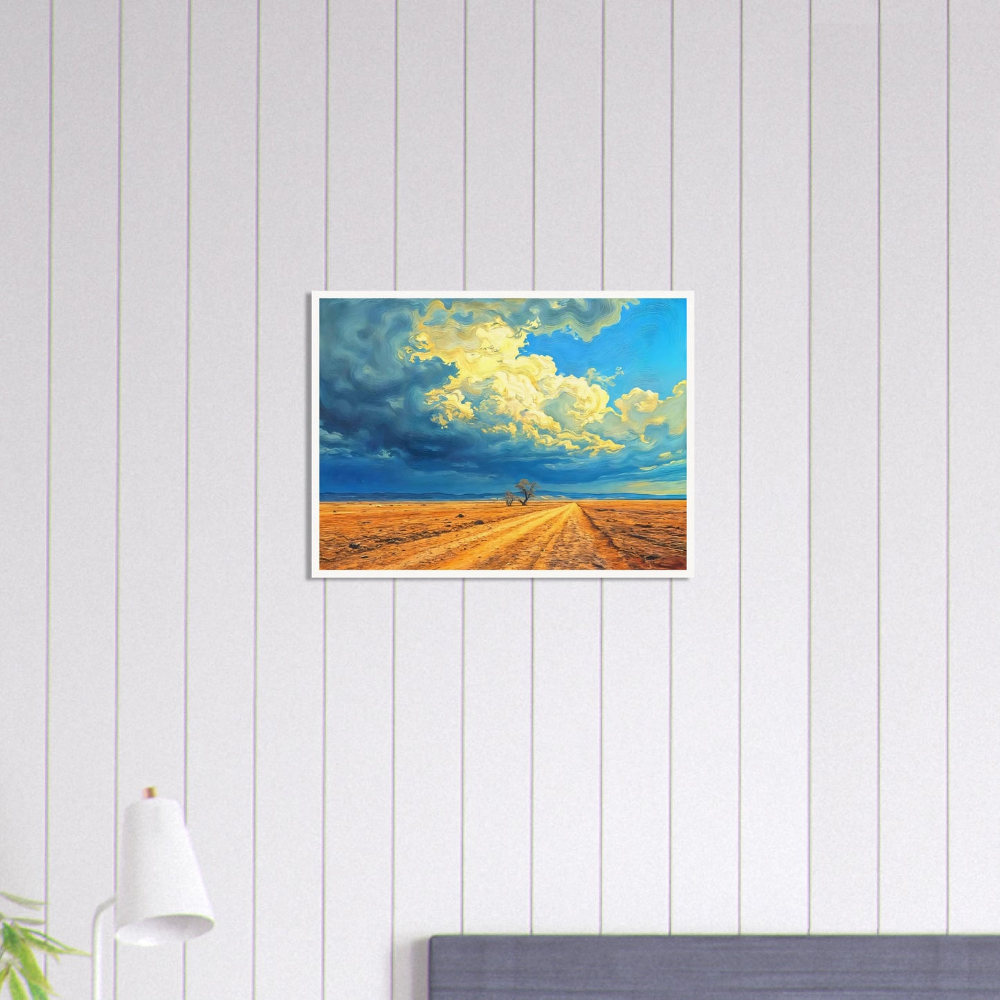 A golden dirt road stretches through an open desert under swirling clouds of blue and gold, evoking strength and solitude.