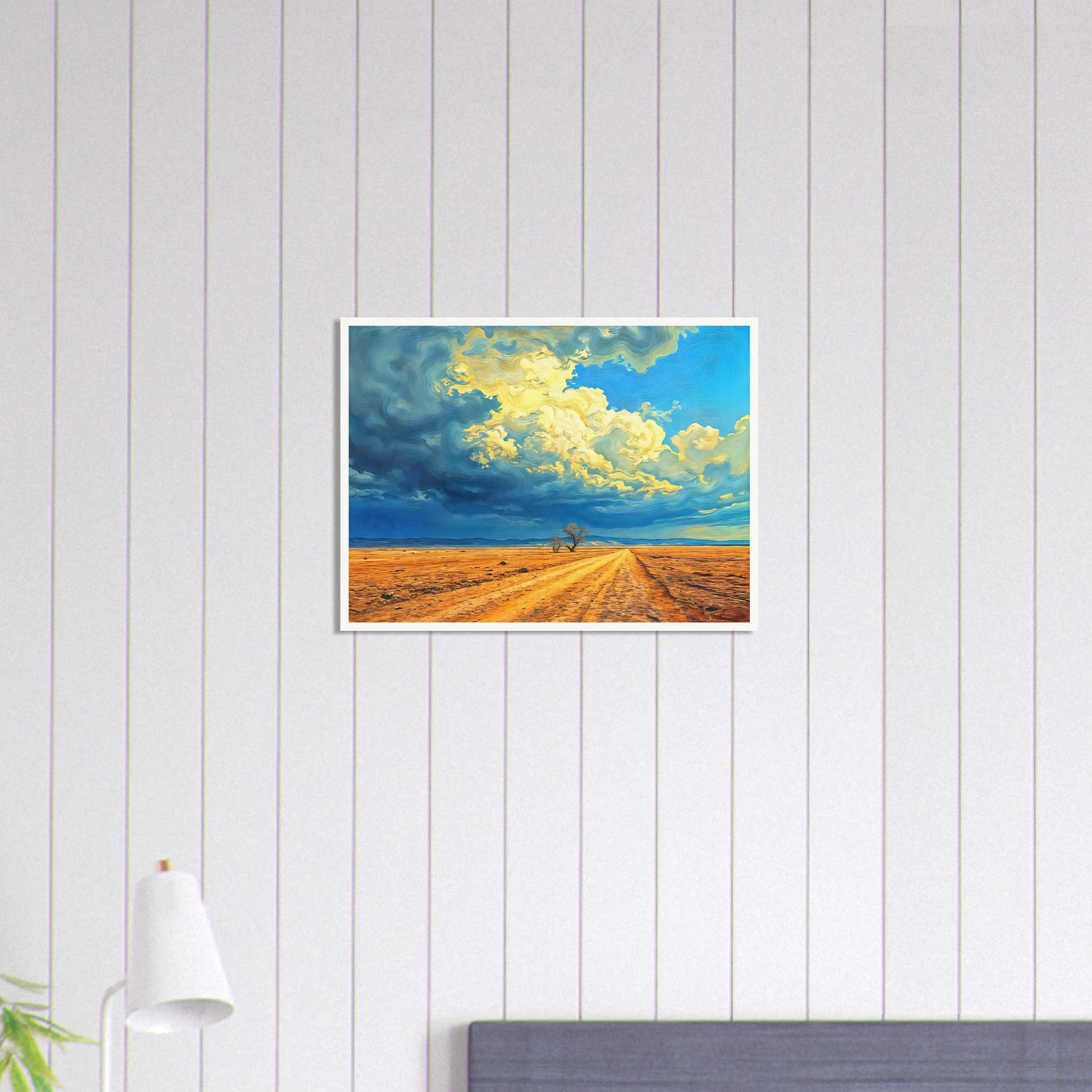 A golden dirt road stretches through an open desert under swirling clouds of blue and gold, evoking strength and solitude.