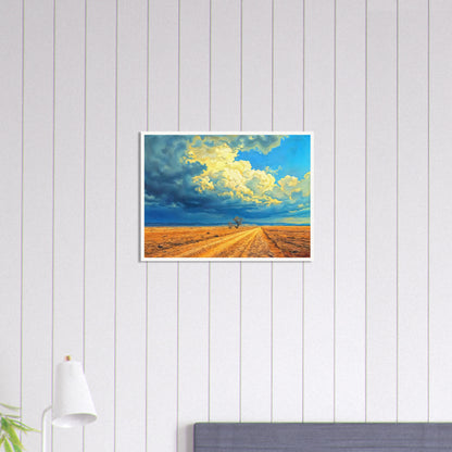 A golden dirt road stretches through an open desert under swirling clouds of blue and gold, evoking strength and solitude.