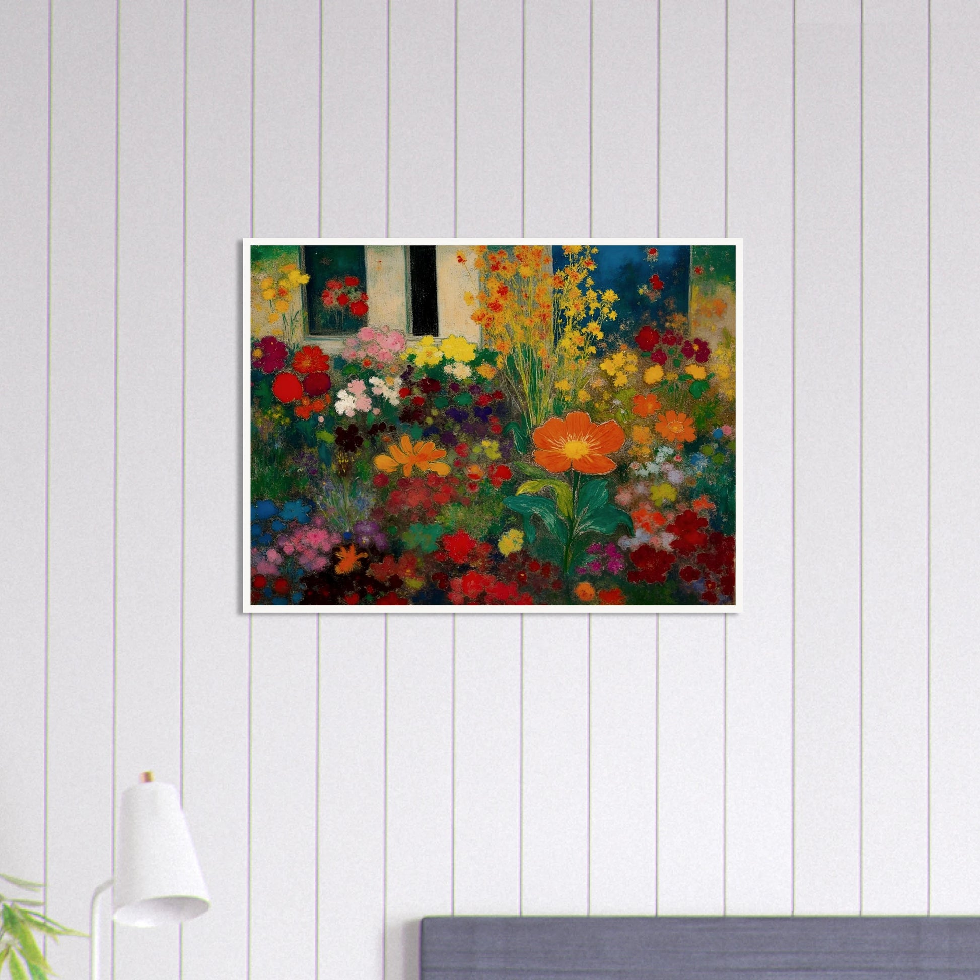 Colorful garden blooms gather before a blue door and window, led by a bright orange flower.