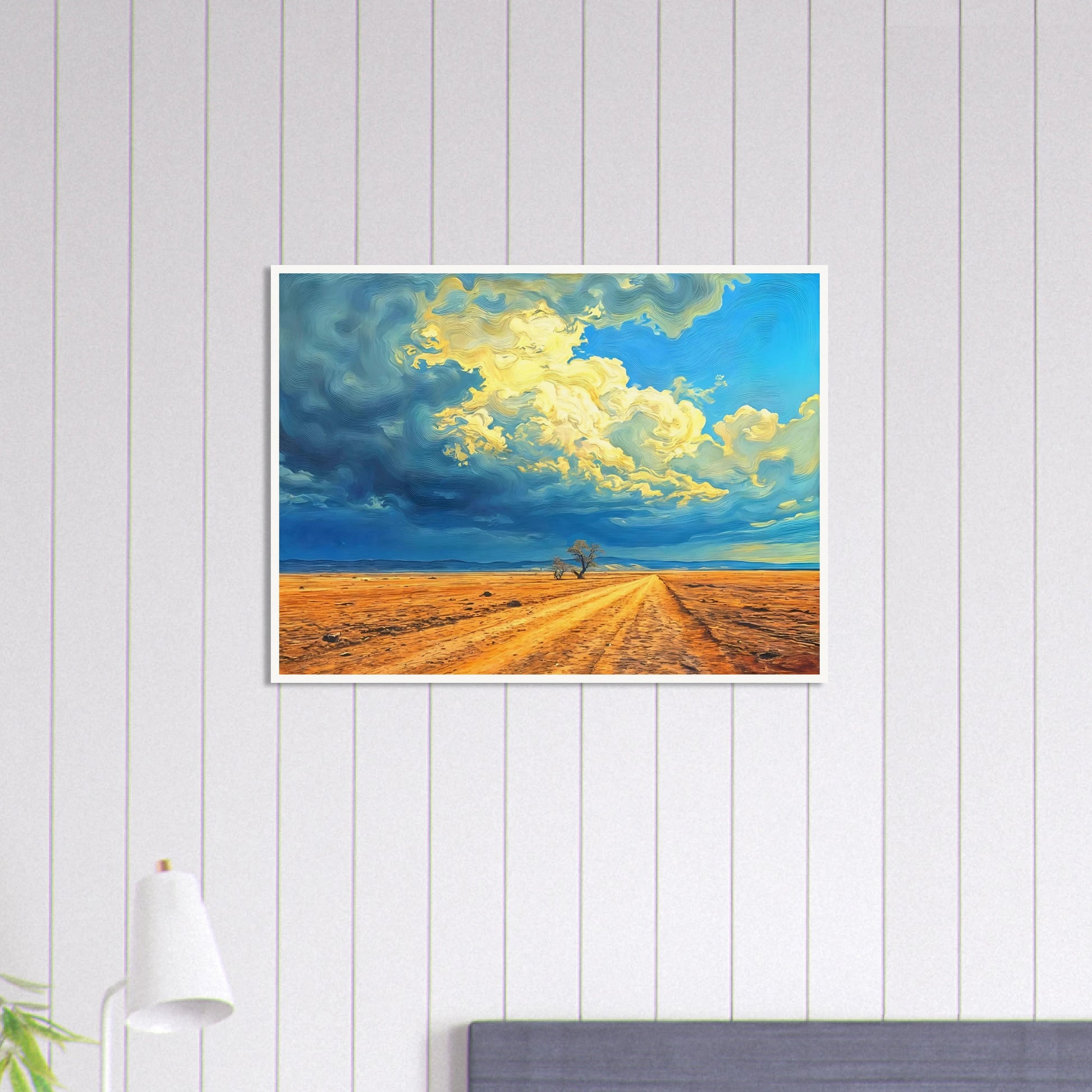 A golden dirt road stretches through an open desert under swirling clouds of blue and gold, evoking strength and solitude.