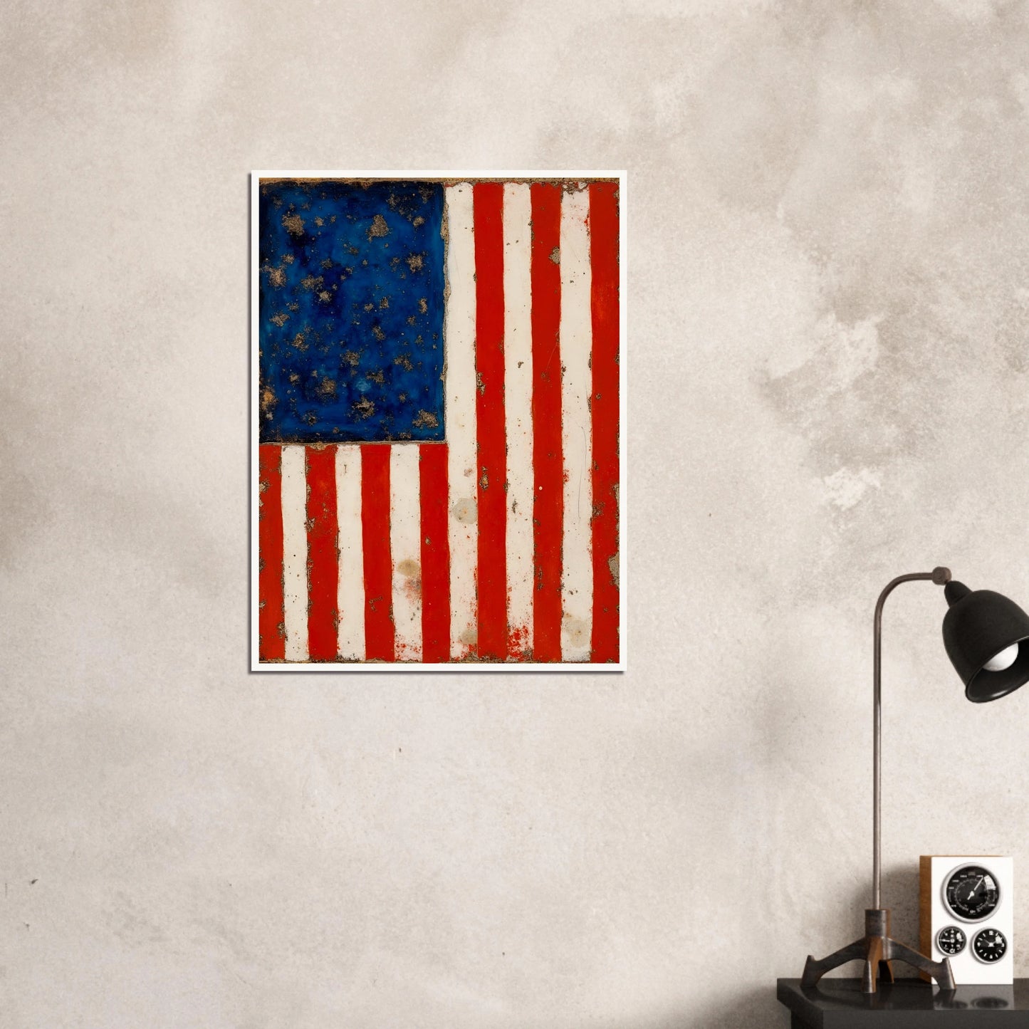 A timeworn American flag with faded stars and stripes, marked by age and texture that reflect enduring spirit.