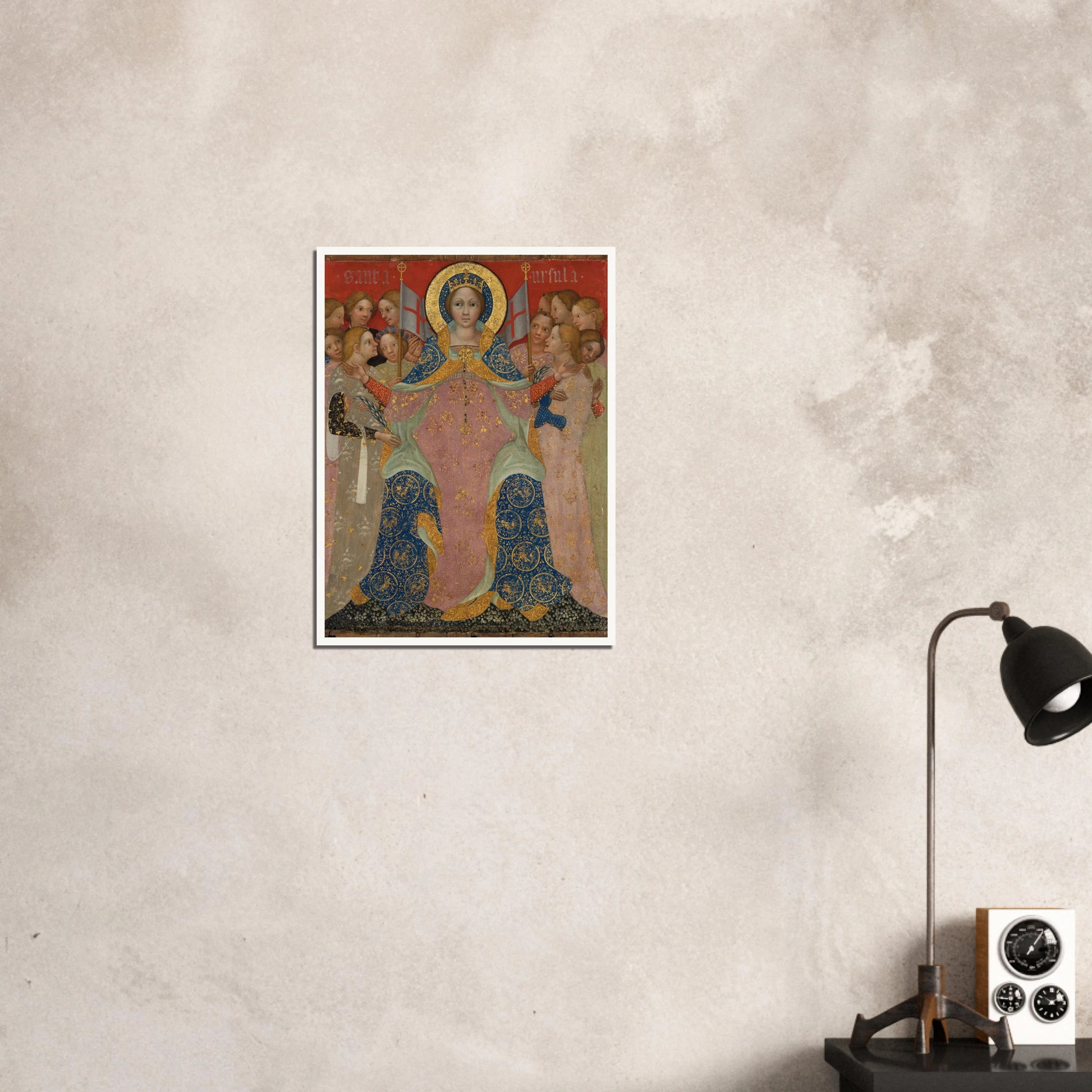Saint Ursula stands with her maidens in ornate gold and blue robes against a red background