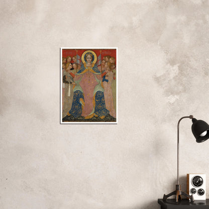 Saint Ursula stands with her maidens in ornate gold and blue robes against a red background