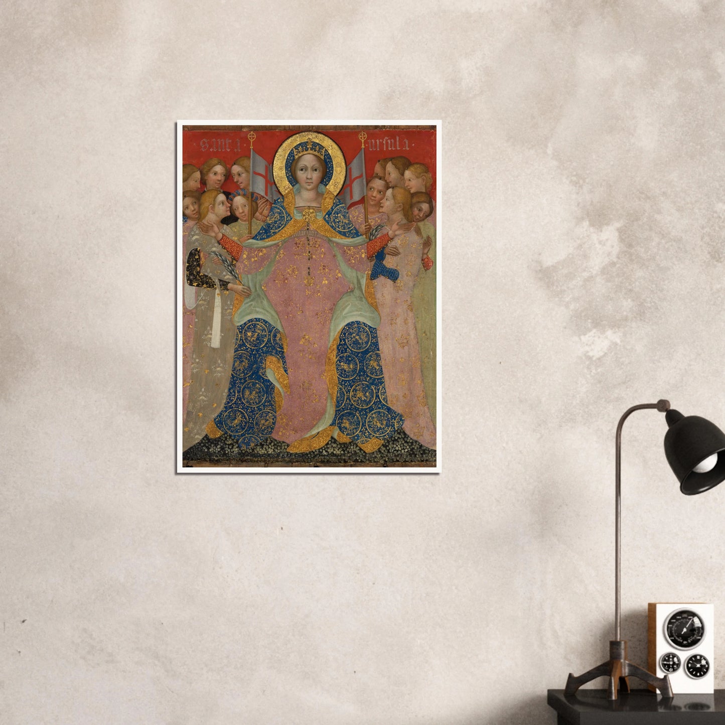 Saint Ursula stands with her maidens in ornate gold and blue robes against a red background