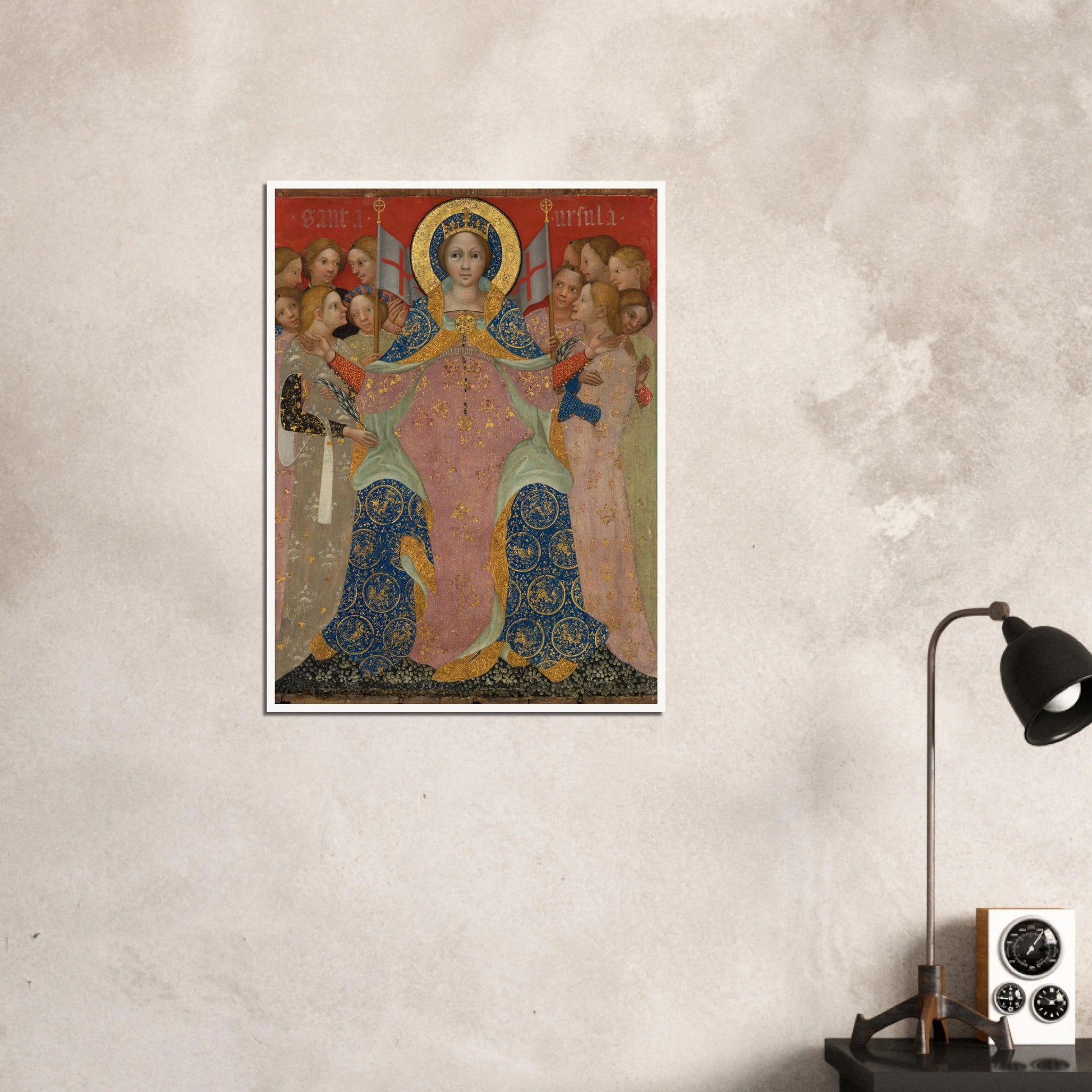 Saint Ursula stands with her maidens in ornate gold and blue robes against a red background