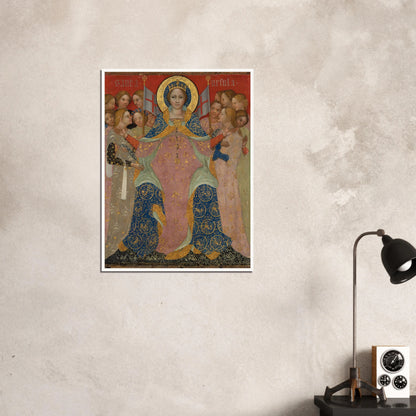 Saint Ursula stands with her maidens in ornate gold and blue robes against a red background
