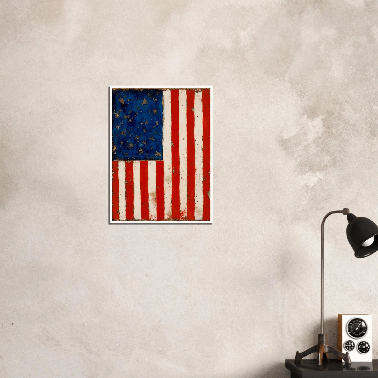 A timeworn American flag with faded stars and stripes, marked by age and texture that reflect enduring spirit.