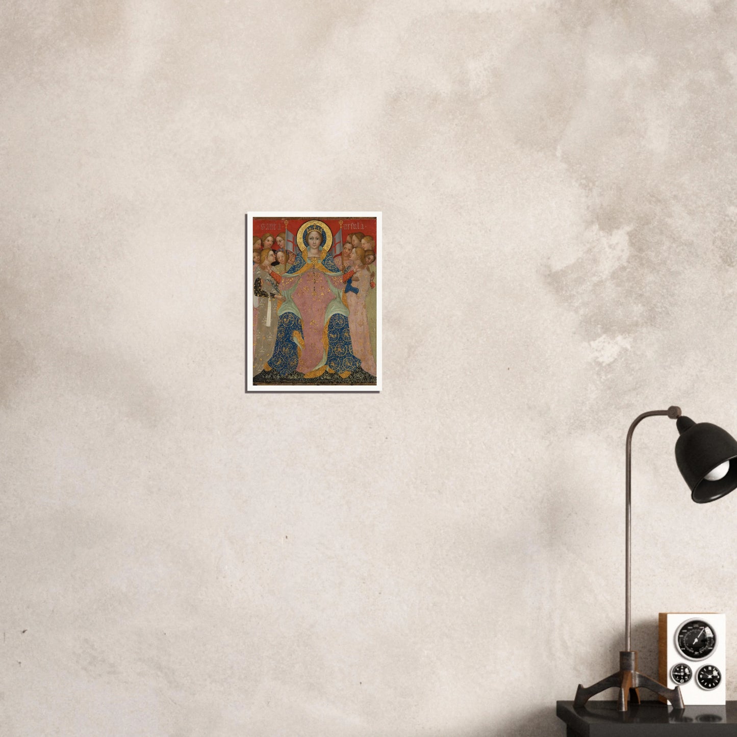 Saint Ursula stands with her maidens in ornate gold and blue robes against a red background