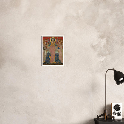 Saint Ursula stands with her maidens in ornate gold and blue robes against a red background