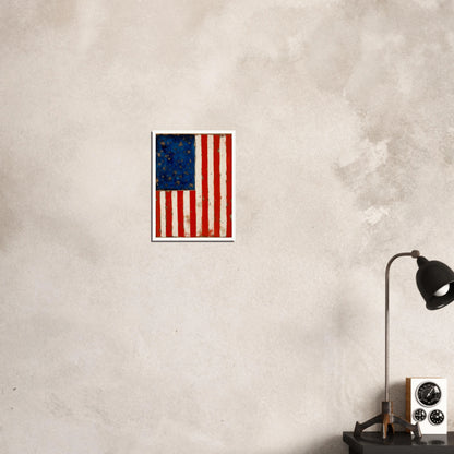 A timeworn American flag with faded stars and stripes, marked by age and texture that reflect enduring spirit.