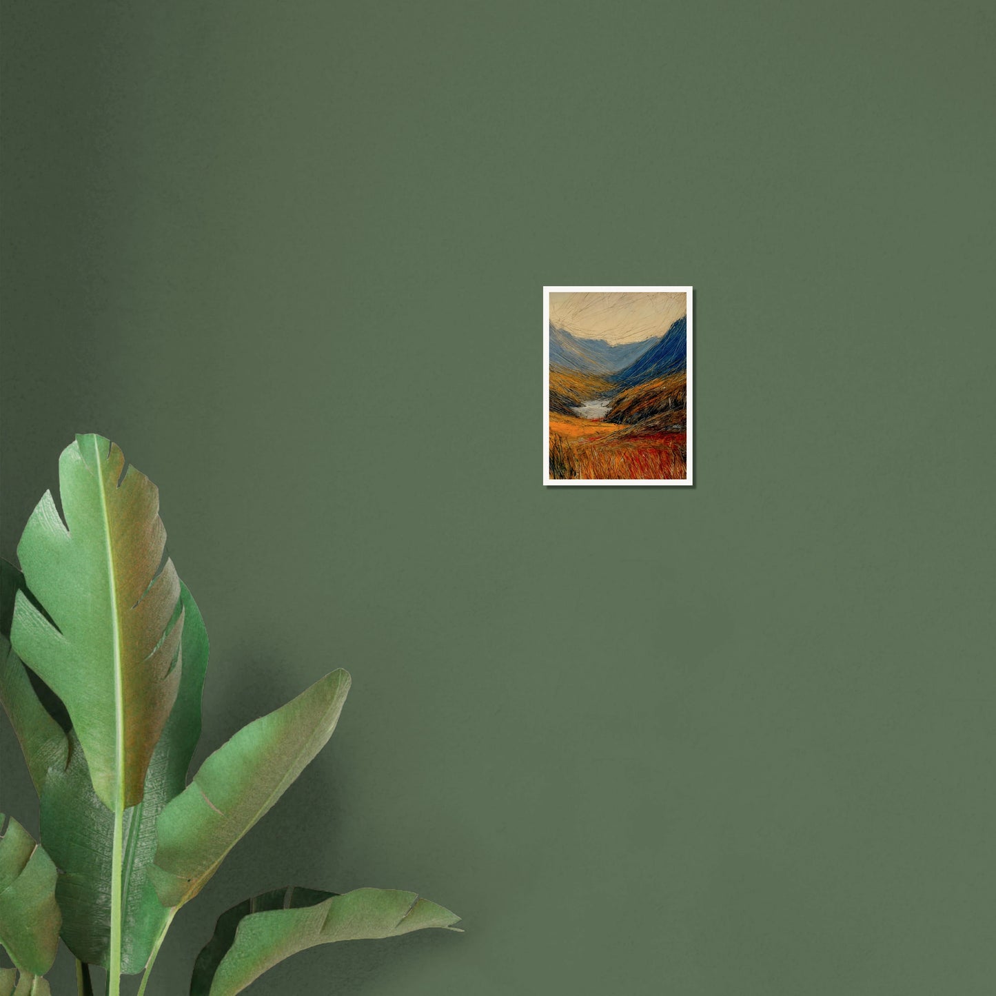 Windswept valley of golden grasses and deep blue mountains painted with vivid, dynamic strokes under a pale sky.