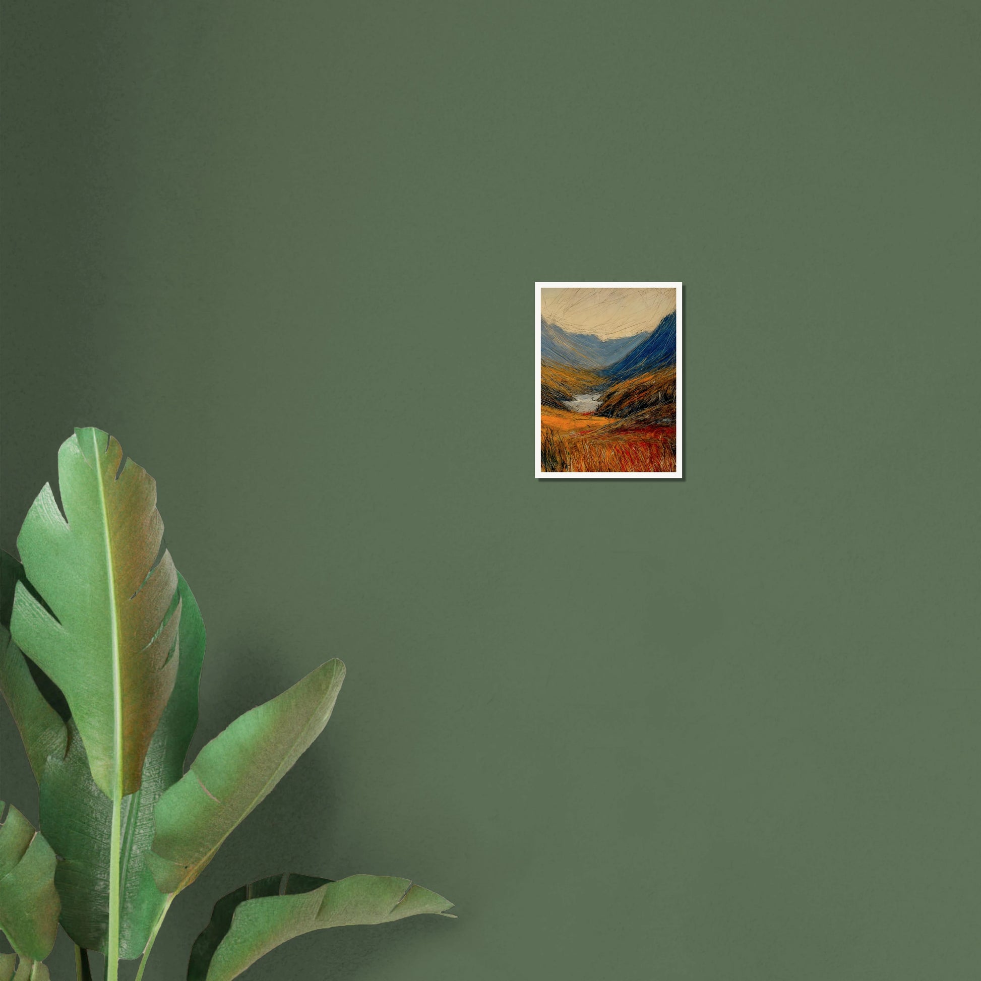 Windswept valley of golden grasses and deep blue mountains painted with vivid, dynamic strokes under a pale sky.