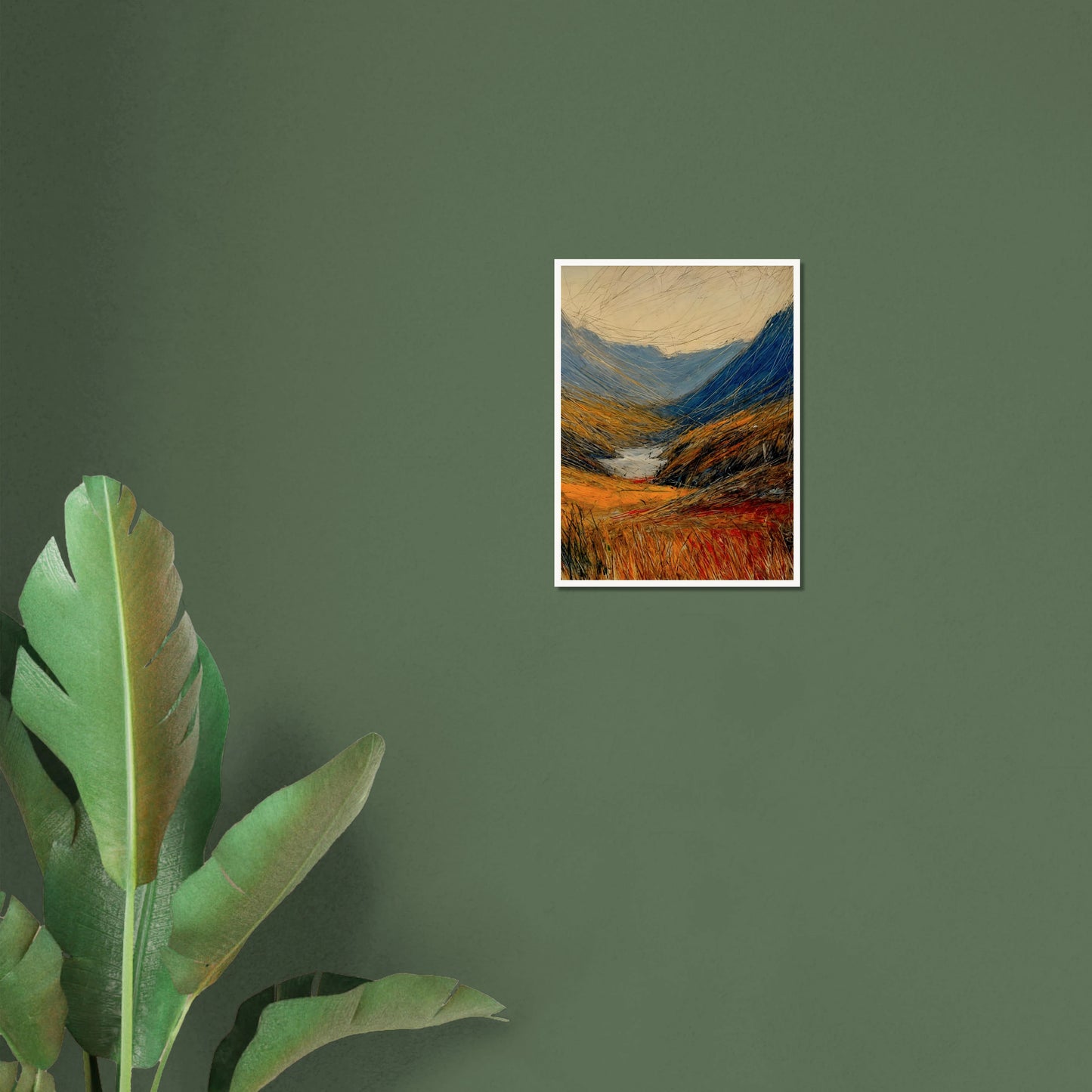 Windswept valley of golden grasses and deep blue mountains painted with vivid, dynamic strokes under a pale sky.