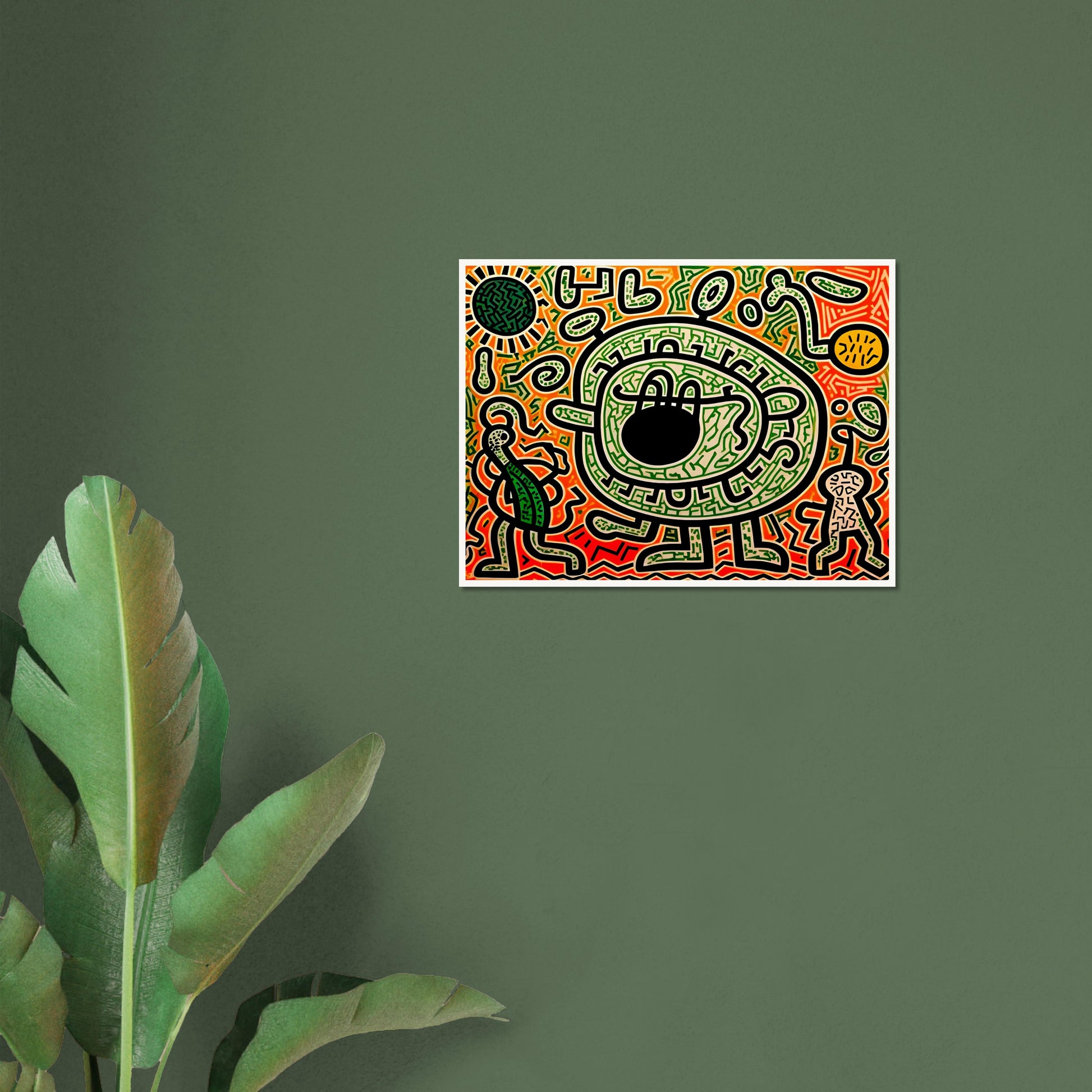 A graffiti-inspired digital artwork featuring a large green eye-like figure surrounded by bold black outlines, intricate patterns, and vibrant neon hues of green, red, and orange.