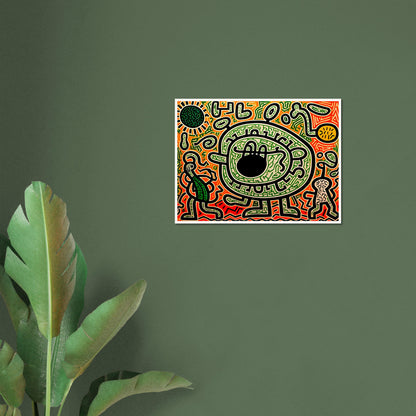 A graffiti-inspired digital artwork featuring a large green eye-like figure surrounded by bold black outlines, intricate patterns, and vibrant neon hues of green, red, and orange.