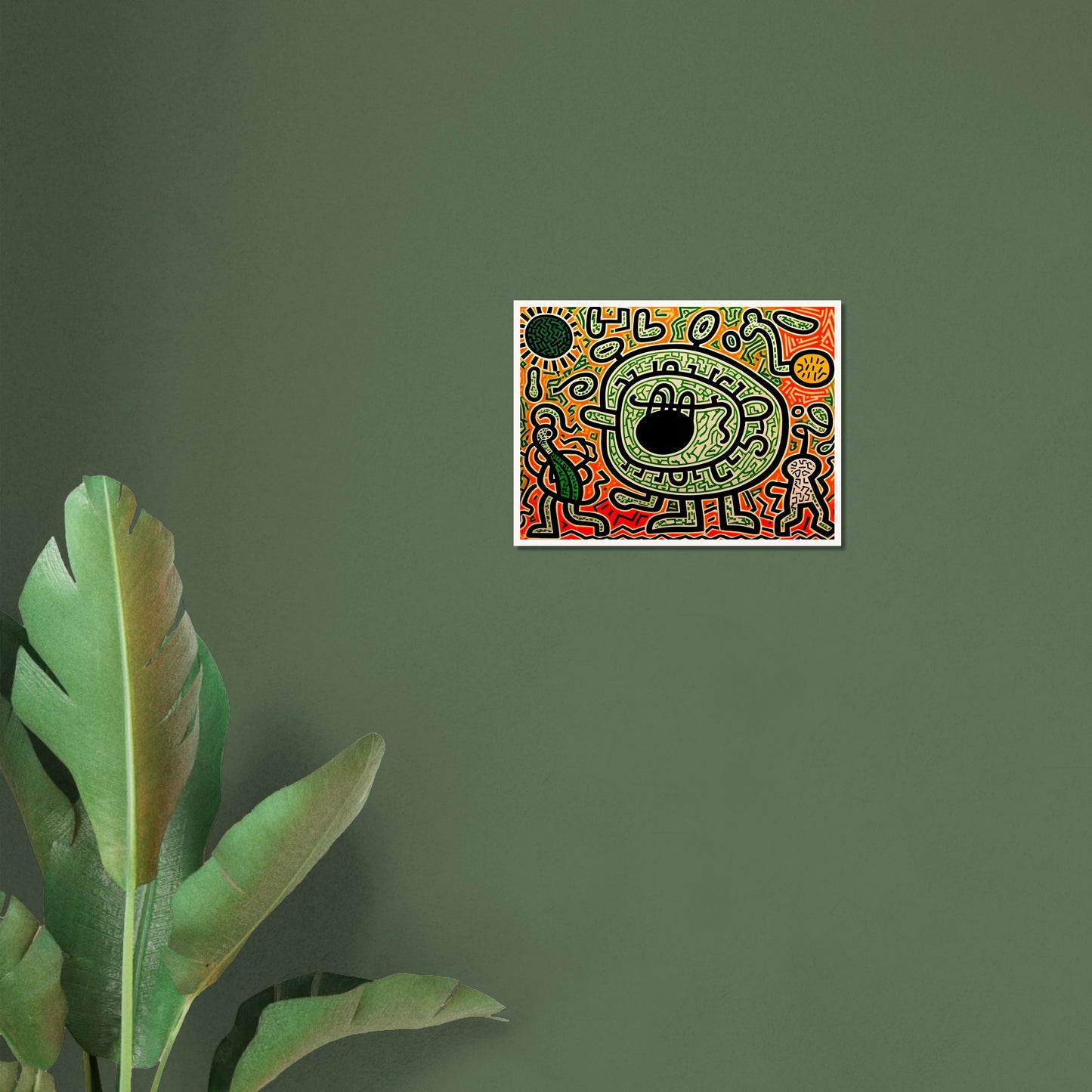 A graffiti-inspired digital artwork featuring a large green eye-like figure surrounded by bold black outlines, intricate patterns, and vibrant neon hues of green, red, and orange.