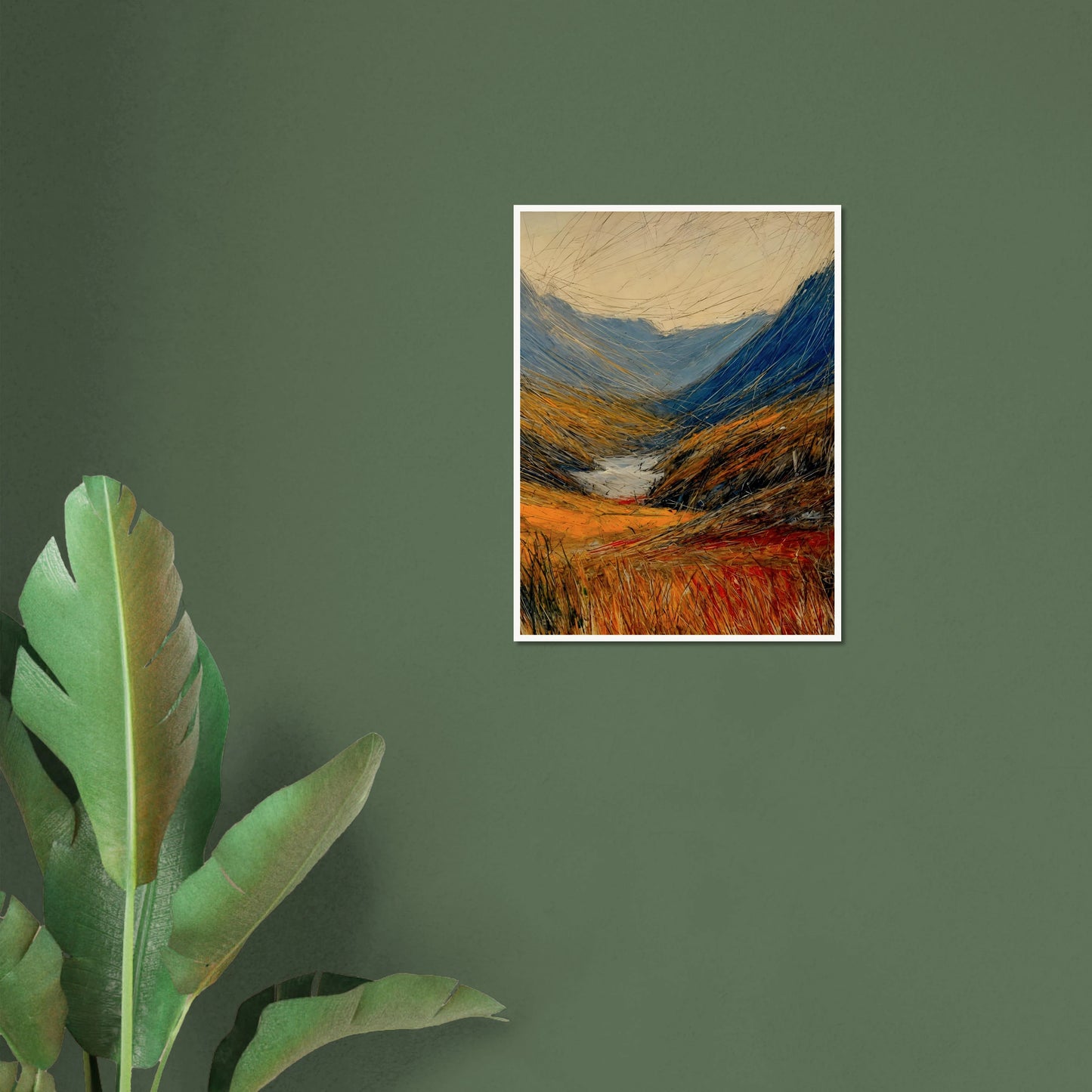 Windswept valley of golden grasses and deep blue mountains painted with vivid, dynamic strokes under a pale sky.