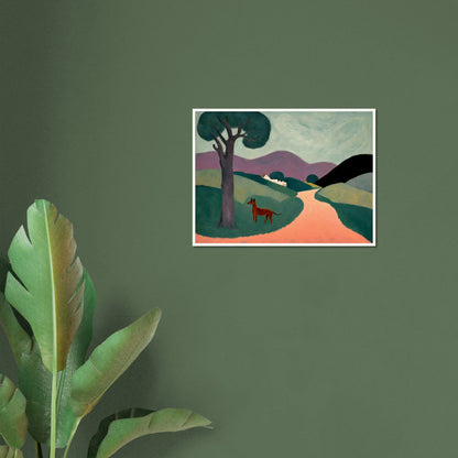 Stylized countryside landscape with rolling green hills, a purple mountain range, a lone tree, and a brown dog standing on a peach path.