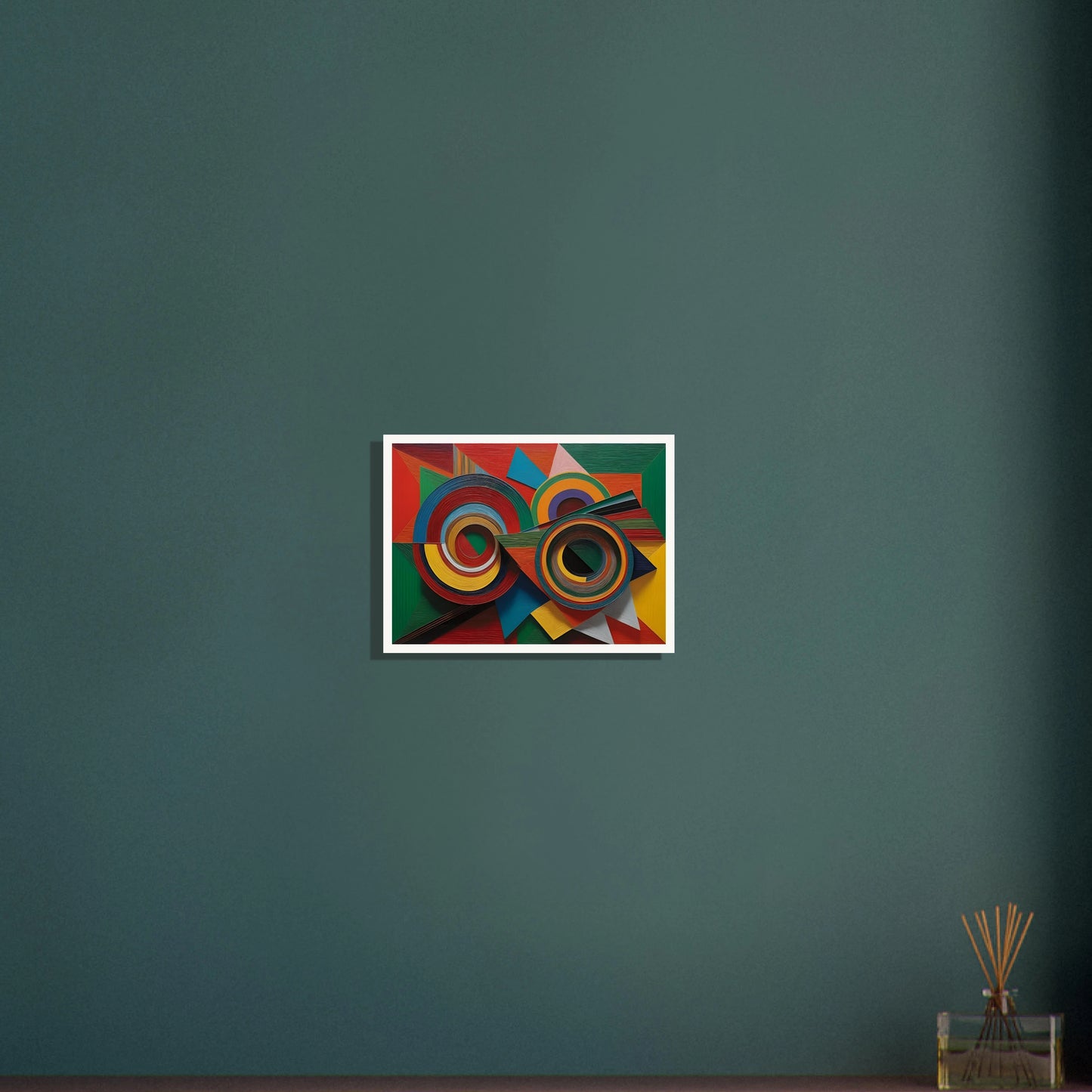 Vivid geometric painting with intersecting concentric circles and sharp-edged forms in bold reds, greens, blues, and yellows.