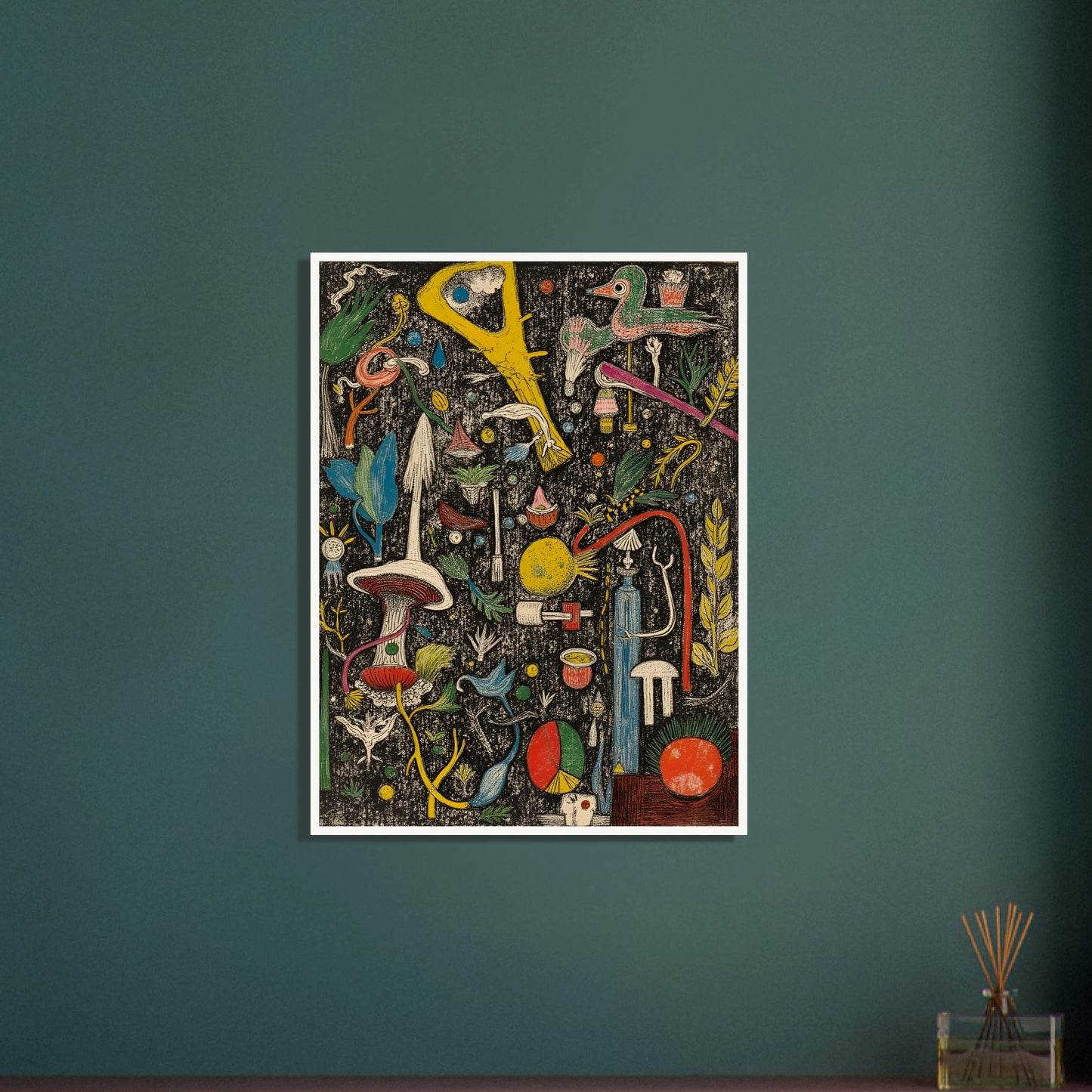 A dense and whimsical collage of surreal plants, tools, birds, and symbols scattered over a textured black background.