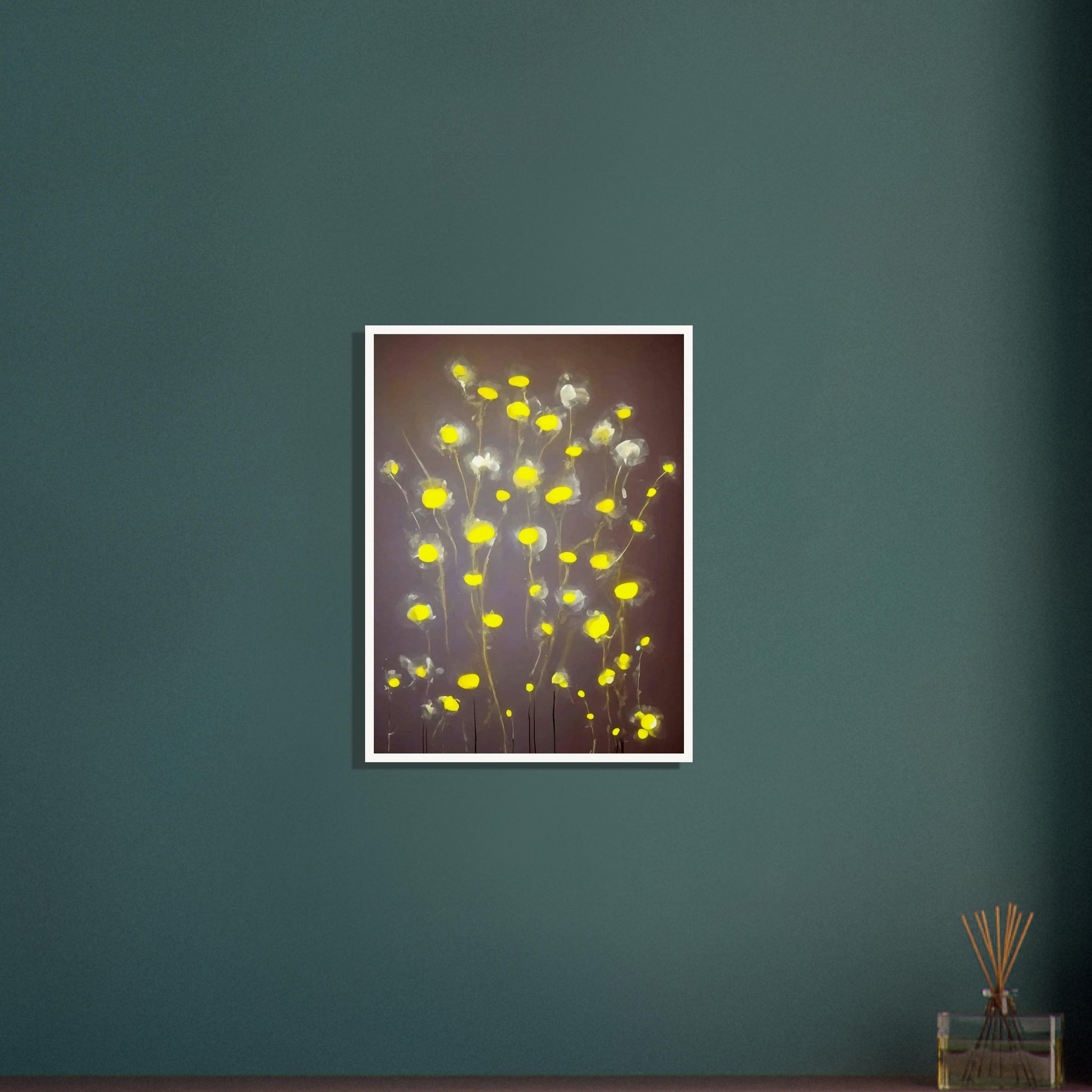 A minimalist painting featuring glowing yellow flowers with soft, translucent petals on a muted gray background, exuding a serene elegance.