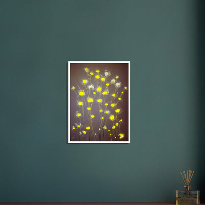 A minimalist painting featuring glowing yellow flowers with soft, translucent petals on a muted gray background, exuding a serene elegance.
