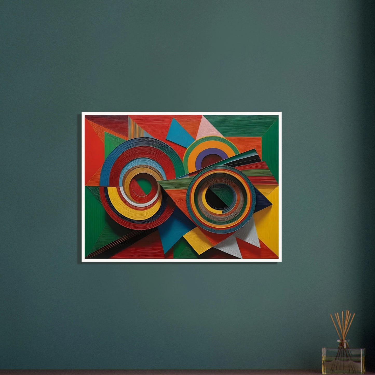 Vivid geometric painting with intersecting concentric circles and sharp-edged forms in bold reds, greens, blues, and yellows.