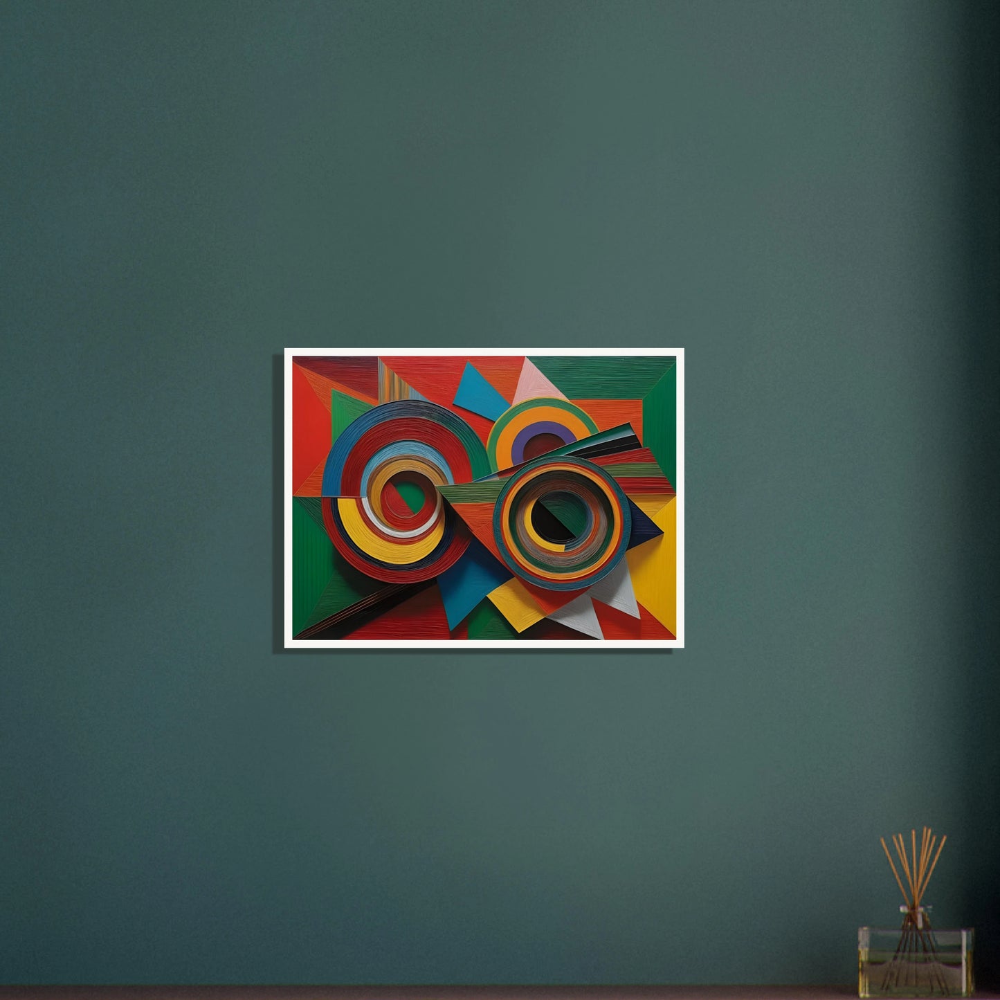 Vivid geometric painting with intersecting concentric circles and sharp-edged forms in bold reds, greens, blues, and yellows.