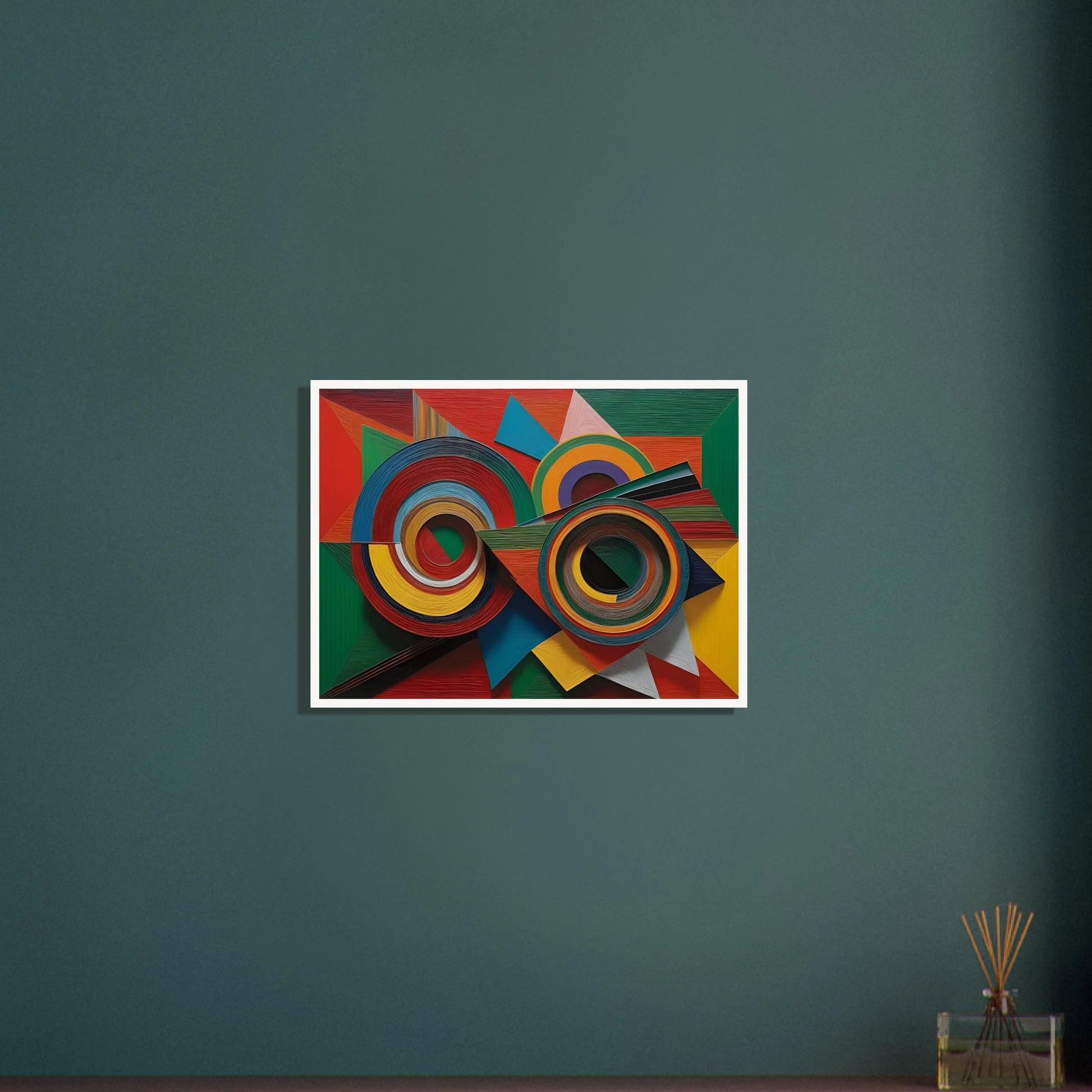 Vivid geometric painting with intersecting concentric circles and sharp-edged forms in bold reds, greens, blues, and yellows.