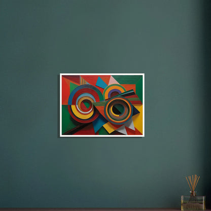 Vivid geometric painting with intersecting concentric circles and sharp-edged forms in bold reds, greens, blues, and yellows.
