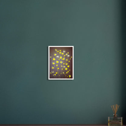 A minimalist painting featuring glowing yellow flowers with soft, translucent petals on a muted gray background, exuding a serene elegance.