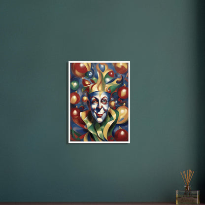 A vibrant painting of a whimsical jester with colorful face paint, surrounded by festive ornaments in red, gold, green, and blue hues.