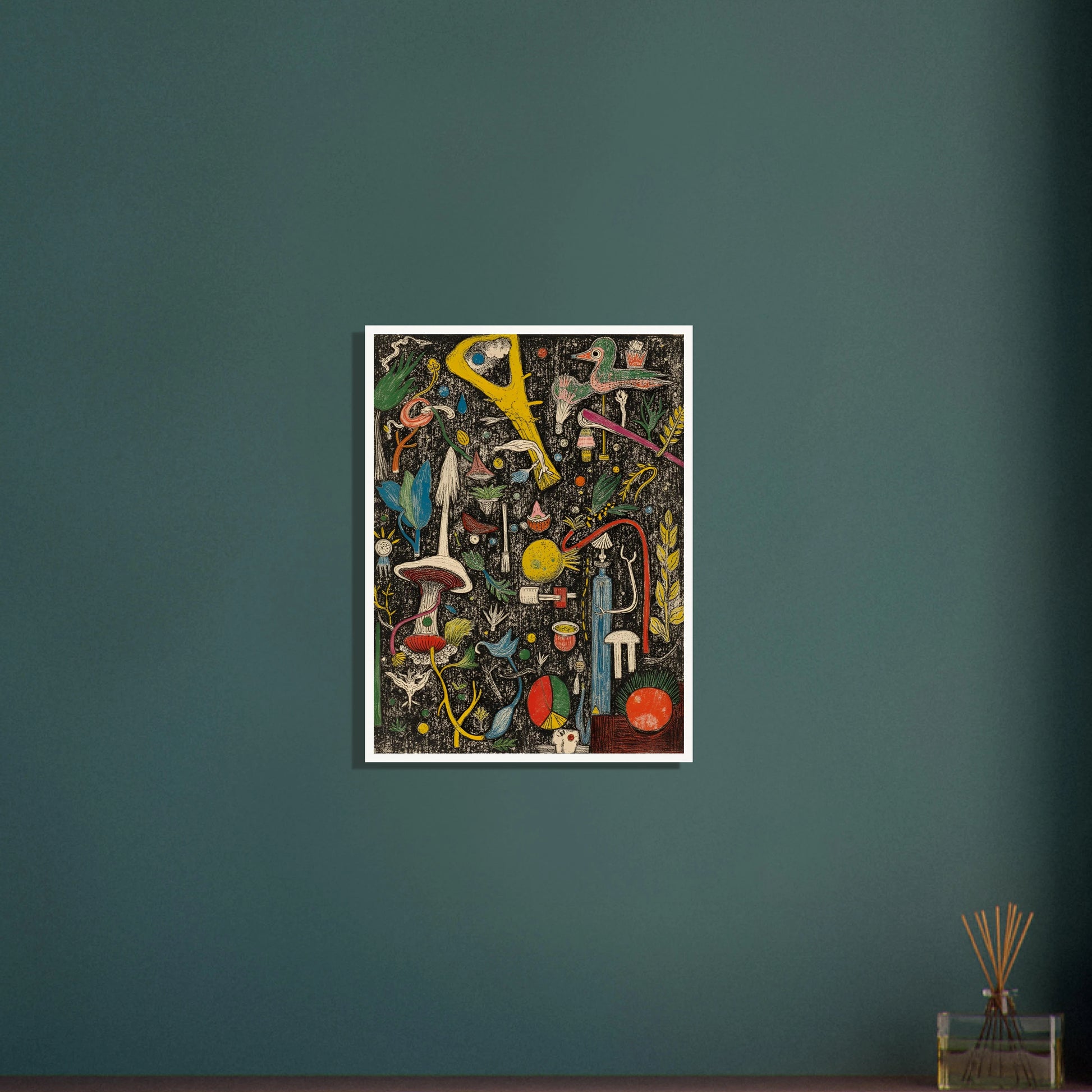 A dense and whimsical collage of surreal plants, tools, birds, and symbols scattered over a textured black background.