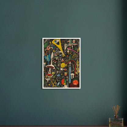 A dense and whimsical collage of surreal plants, tools, birds, and symbols scattered over a textured black background.