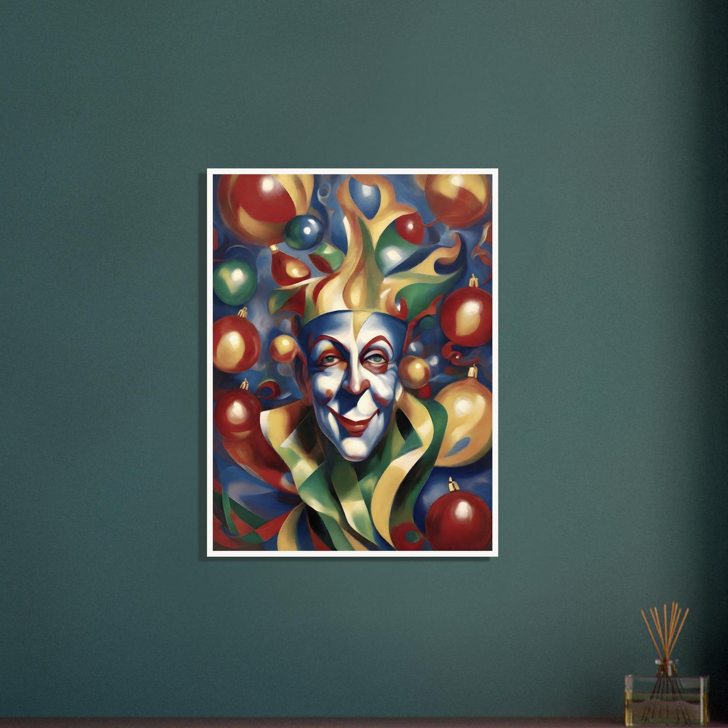 A vibrant painting of a whimsical jester with colorful face paint, surrounded by festive ornaments in red, gold, green, and blue hues.