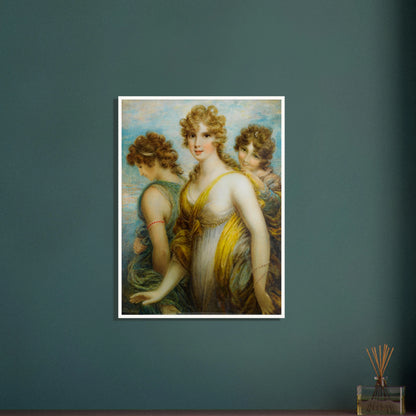 Three classical women in flowing drapery pose together against a soft blue sky.
