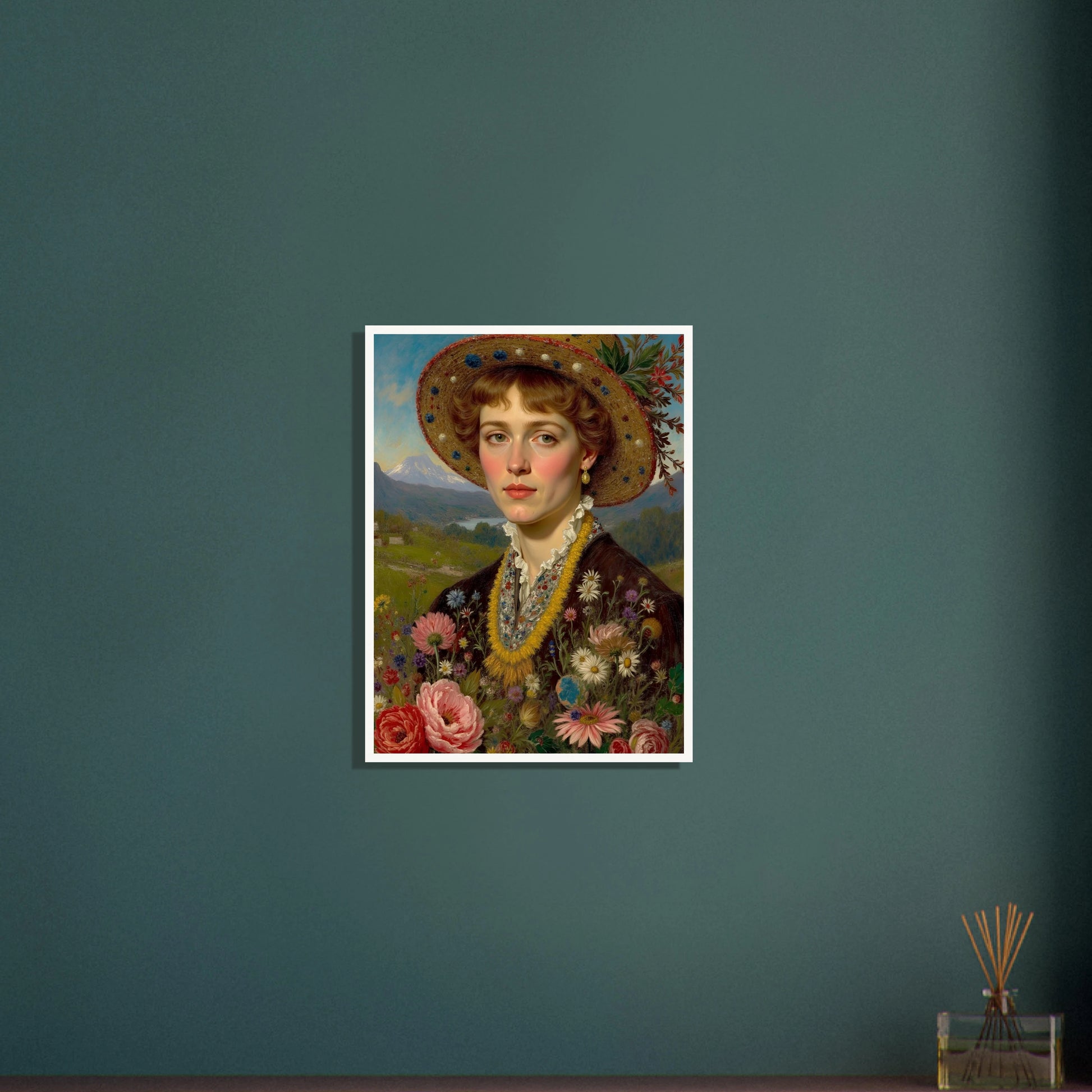 Portrait of a woman in a straw hat adorned with flowers, holding a vibrant bouquet against a mountain meadow backdrop.