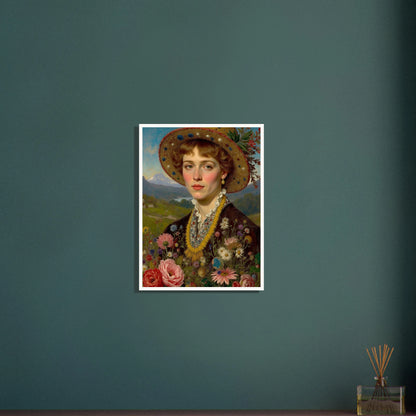 Portrait of a woman in a straw hat adorned with flowers, holding a vibrant bouquet against a mountain meadow backdrop.