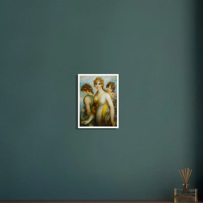 Three classical women in flowing drapery pose together against a soft blue sky.